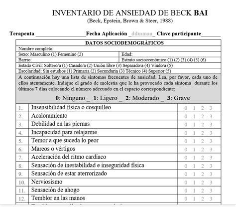 inventario de ansiedad de beck - sintomas de diabetes alta